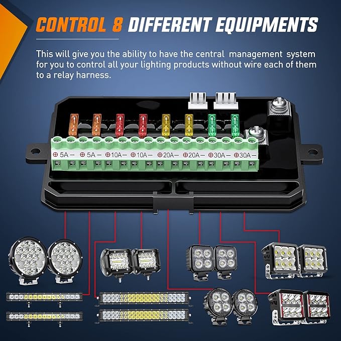 Nilight 8 Gang Switch Panel System Circuit Control Relay System Fuse Wiring Harness Automatic Dimmable ON Off LED Switch Pod for 12V Cars Trucks Campers SUV, 2 Years Warranty