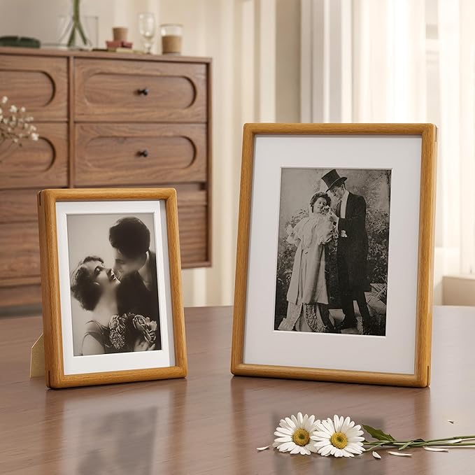 Axeman 6x8 Picture Frame - Solid Teak Wood Frame With Mat for 5x7 - Rounded Corner 6x8 Frame with Tempered Glass for Tabletop Display