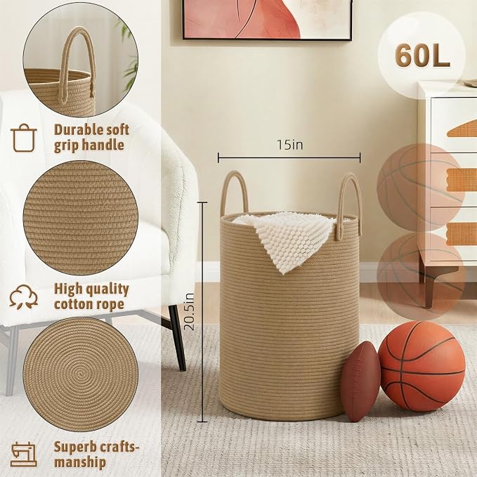 Artfeel Laundry Basket, Woven Cotton Rope Laundry Hamper, 60L - Image 6