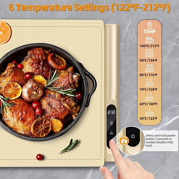 Graphene Food Warming Mat, Extra Large (XXL 36”x 16") Electric Warming Tray with 6 Temp Settings, Portable Food Warmers for Buffets Party Countertop, Practical Gifts for Mom Wife, Beige