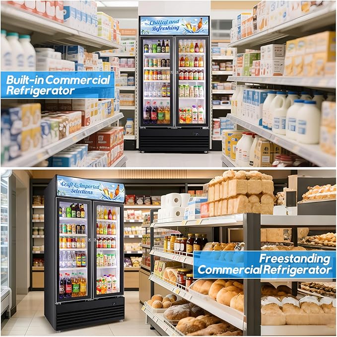 Commercial Display Beverage Fridge, 40″ Double Glass Door Refrigerator, 28.1 Cu.Ft Large Capacity with 8 Adjustable Shelves, Upright Cooler for Shop, Bar & Restaurant