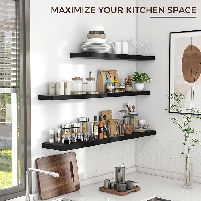 Floating Shelves for Wall 48"W x 9"D x 1.5"H, Long Engineered Wood Wall Shelves with Invisible Brackets for Living Room Bedroom Bathroom Office Kitchen Decor and Storage, Black Finish, Set of 2