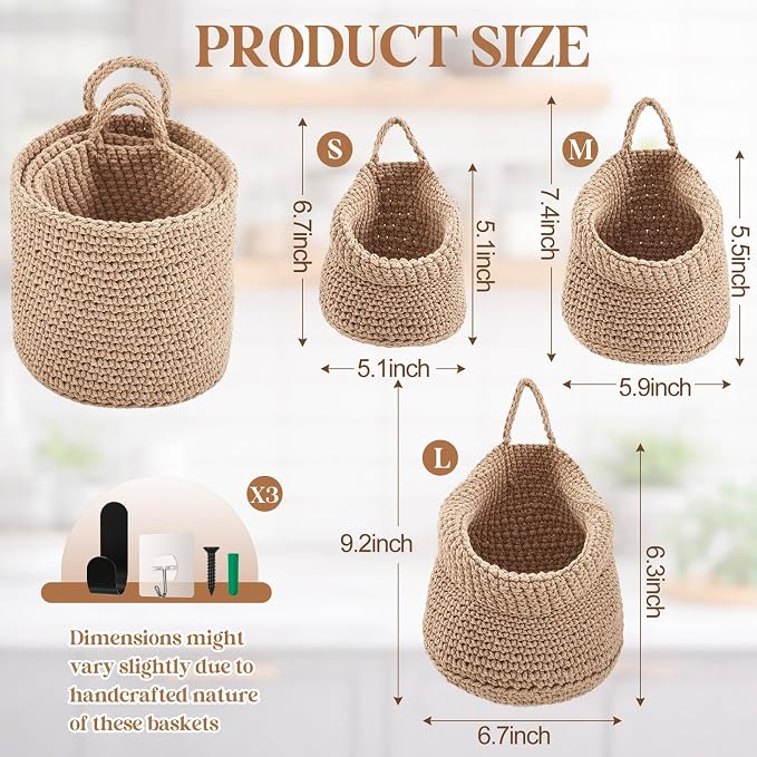 Honeydak 3 Hanging Baskets, Light Linen, Cotton Rope - Image 2