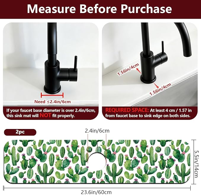 2Pcs Cactus Pattern Kitchen Sink Splash Guard Faucet Mat Tropical Plants - Image 2