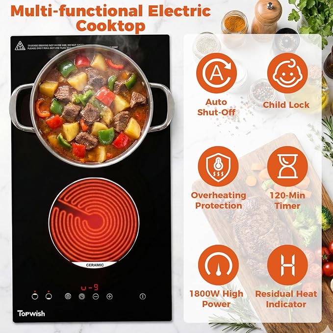 2 Burner Electric Cooktop, 12 Inch Built-in Ceramic Cooktop, 120v Plug in Electric Stove Top Burner with Child Lock, Timer, Sensor Touch Control, Over-Temperature Protection