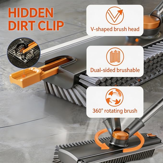 3-in-1 Floor Scrub Brush with Long Handle, Rotating Head Squeegee & Tweezer | - Image 3