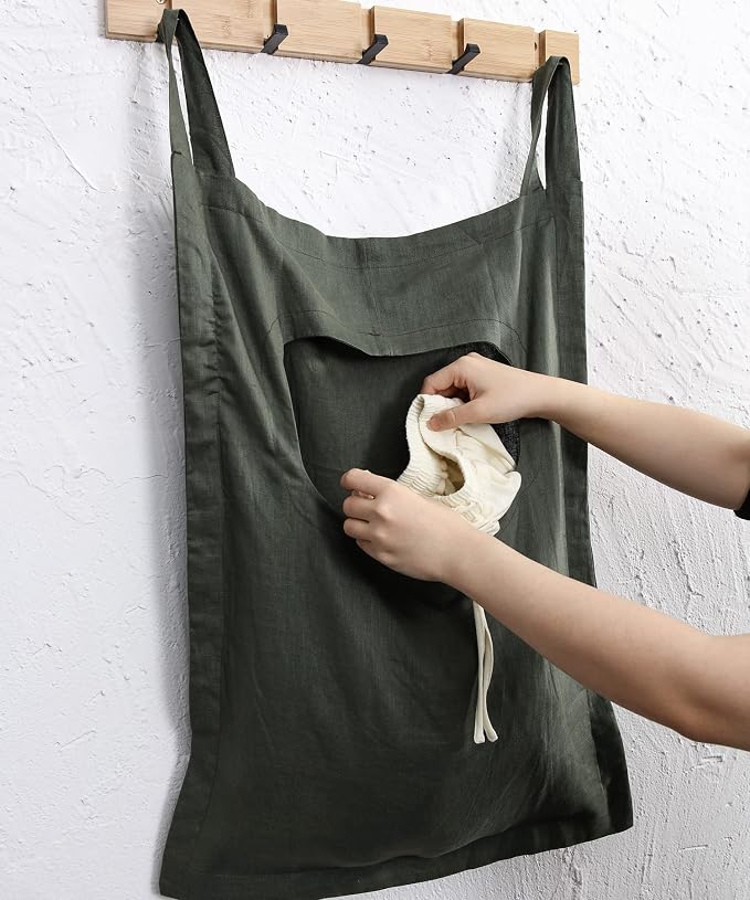 Amazhiyu 100% Linen Door Hanging Laundry Hamper Bag, 19x27 Inches Dusty Green - Image 4