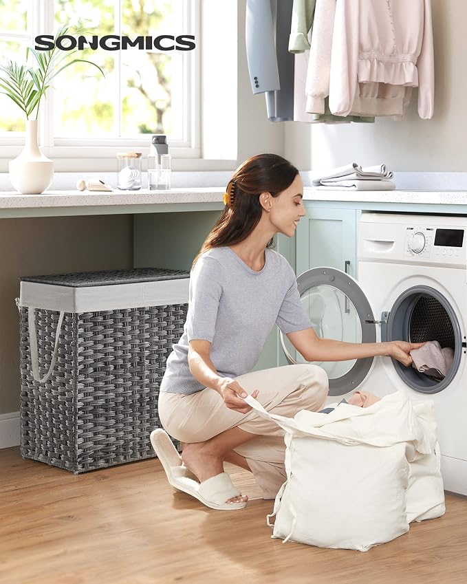 SONGMICS Laundry Hamper with Lid, 110L Double Wicker Basket, 6 Mesh Bags - Image 2