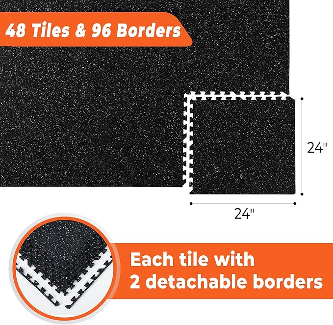 SUPERJARE 0.4'' Thick 48 Pcs 192 Sq Ft Rubber Top Exercise Equipment Mats, High Density EVA Foam Mats with Rubber Top, Interlocking Gym Flooring for Home Gym, Protective Workout Mat, Black/Grey