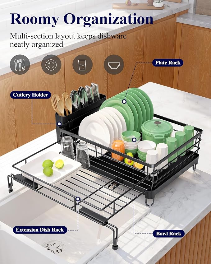 Kitsure Adjustable Dish Drying Rack, 15.6''-25.2''L × 16.9''W, Rust-Resistant - Image 2