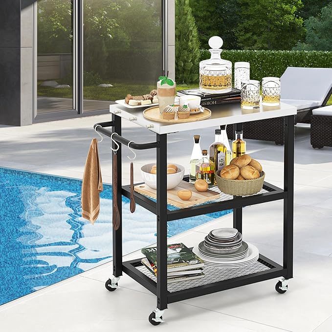 Giantex Outdoor Grill Cart - Movable Pizza Oven Stand with Stainless Steel Top, 2 Storage Shelves, 9 Hooks, Food Prep Cooking Table with Lockable Wheels, Dinning Serving Cart for Kitchen BBQ Party