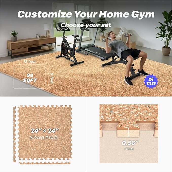 AIRHOP 0.56in Thick 96 Sq Ft Exercise Equipment Mats, 24 Tiles Upgraded Rubber Top with High Density EVA Foam, Large Interlocking Puzzle Gym Flooring for Home Gym, Heavy Weight Workout, 24 x 24in