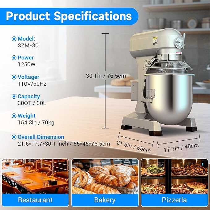 30Qt Commercial Food Mixer with Timing Function,1250W Commercial Stand mixer 3-Speed Adjustable,Electric Heavy Duty Dough Mixer with Stainless Steel Bowl for Bakery Pizzeria