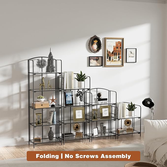 Crofy No Assembly Folding Bookshelf for Living Room, 2 Tier Black Collapsible Book Shelf for Home Office, Portable Bookcase Storage Organizer