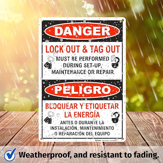 Brimar - 7 x 10" - Bilingual Danger Lock Out & Tag Out Sign - Polyethylene Plastic - High Visibility - Easy Installation