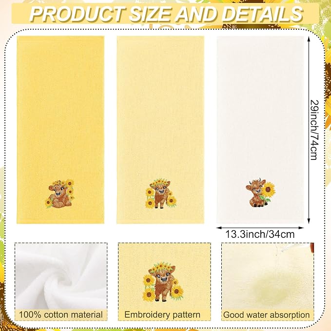 3 Pcs Sunflower Highland Cow Hand Towels Bathroom Kitchen Decor | Embroidered - Image 2