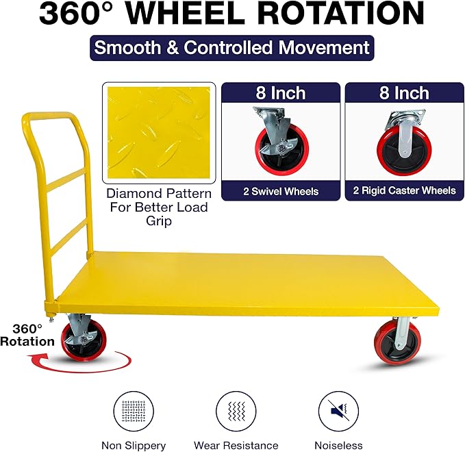 Platform Cart Industrial Dolly Cart 3300LB Heavy Duty 60” x 30” Platform Hand Truck Push Cart Super Heavy Duty Diamond Plate Commercial Flatbed Cart 8'' Moving Swivel Wheels (Yellow)