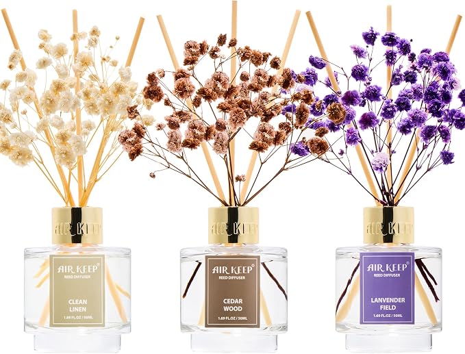 Reed Diffuser Set of 3, Clean Linen Lavender Field Cedar Wood Oil Reed Diffusers by Airkeep
