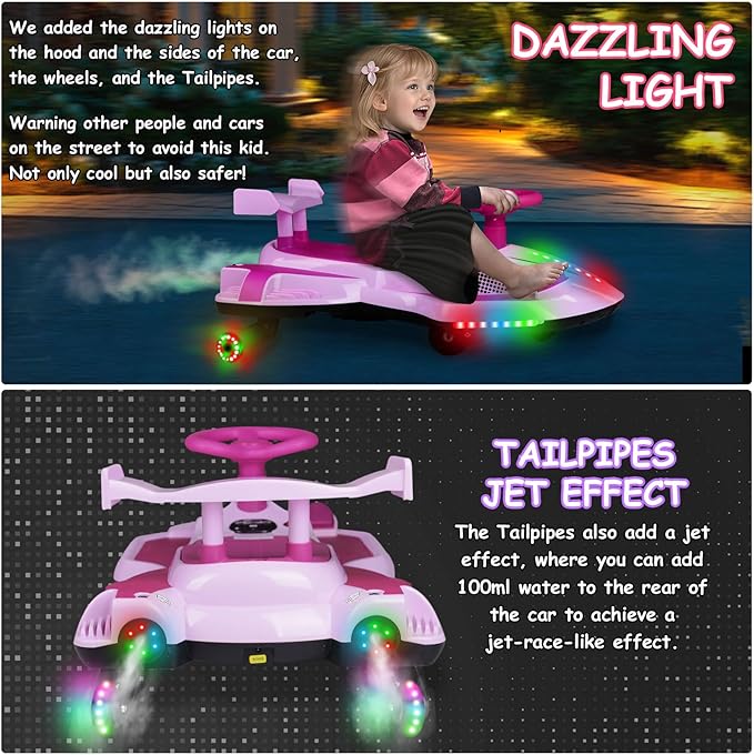 12V Electric Wiggle Car with Pedal, Ride On Car Toy for Kids from Ages 3 and Up, Anti-Rollover, Flashing Wheels, Bluetooth,Tailpipes Jet Effect,Birthday Gifts for Boys and Girls(Lilac+Rose)