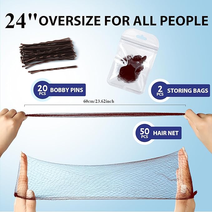 Teenitor 50pcs 24'' Hair Nets for Food Service Workers, Unisex, Professionals, Various Ages, Hair Net, Brown, Solid, Nylon, Large, Modern, Pull-On