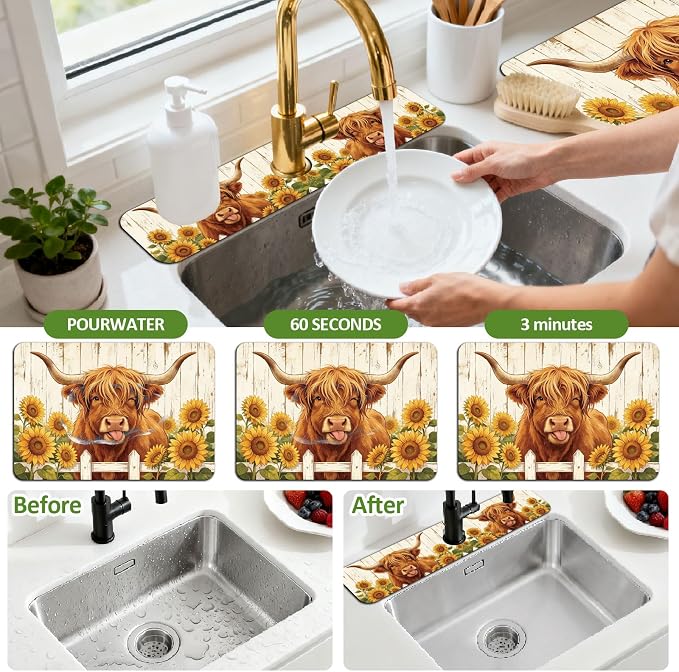 3 Pcs 2 Size Kitchen Sink Splash Guard Faucet Mat Highland Cow Pattern Faucet - Image 4