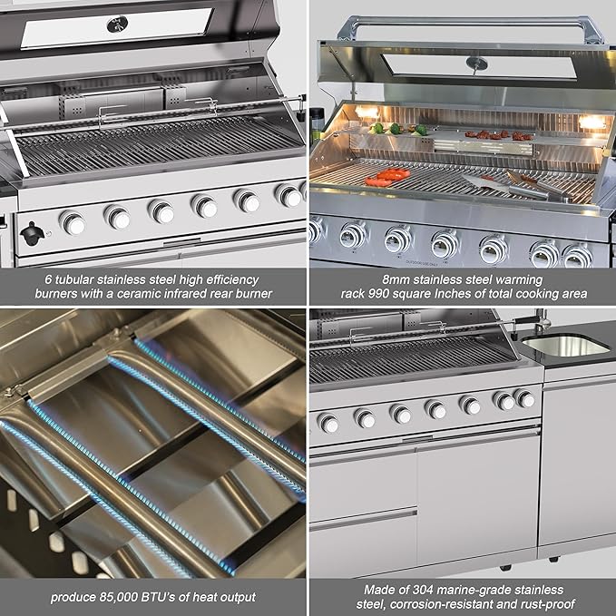 Outdoor Kitchen Island, 82 Inch 85000 BTU Gas Grill Combination With Refrigerator and Sink, Outdoor Stainless Steel Barbecue Bar,Natural Gas Barbecue Grill for Patios, Gardens, Parties