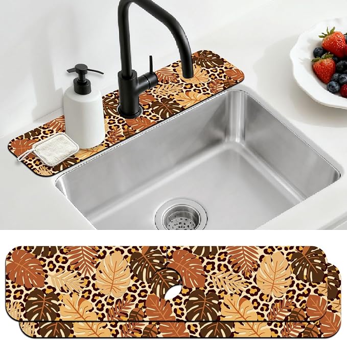 2 Pcs Kitchen Sink Splash Guard Faucet Mat Leopard Print Leaves Faucet Mat by CONCHLERY%E6%97%97%E8%88%B0%E5%BA%97