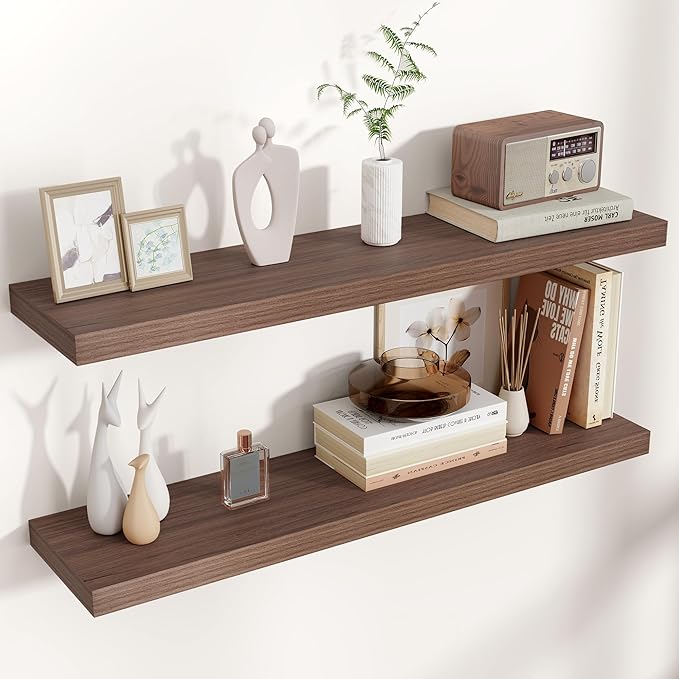 Floating Shelves for Wall 36"W x 7.8"D x 1.5"H, Engineered Wood Wall Shelves with Invisible Brackets for Living Room Bedroom Bathroom Office Kitchen Decor and Storage, Walnut Finish, Set of 2