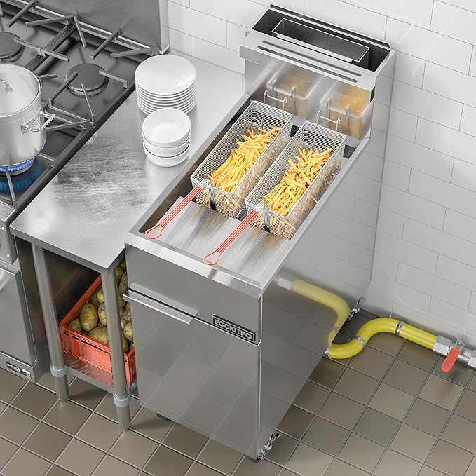 EGGKITPO Commercial Natural Gas Fryer 90,000 BTU Stainless Steel Floor Fryer with 40lbs Oil Capacity CSA Certified Deep Fryer with 2 Baskets and 3 Heating Tubes for Restaurants Food Truck Use