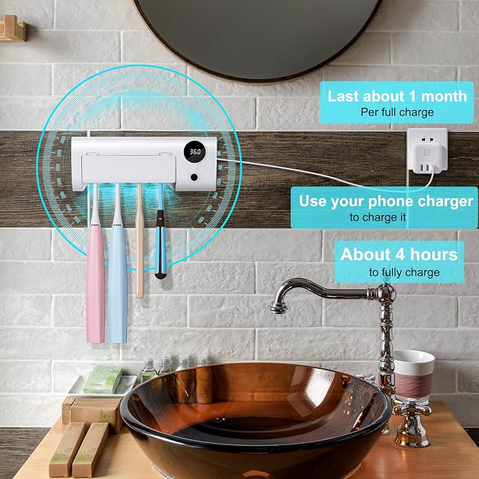 Toothbrush Holder for Bathroom, Toothbrush Cleaner Wall Mounted Cordless | - Image 6