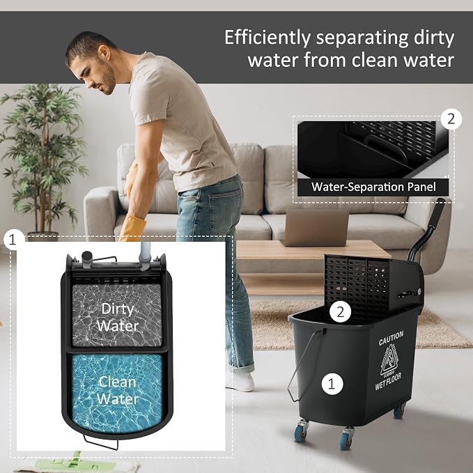 HOMCOM Commercial Mop Bucket Side Press Wringer Wheels 21 Quart Black - Image 4