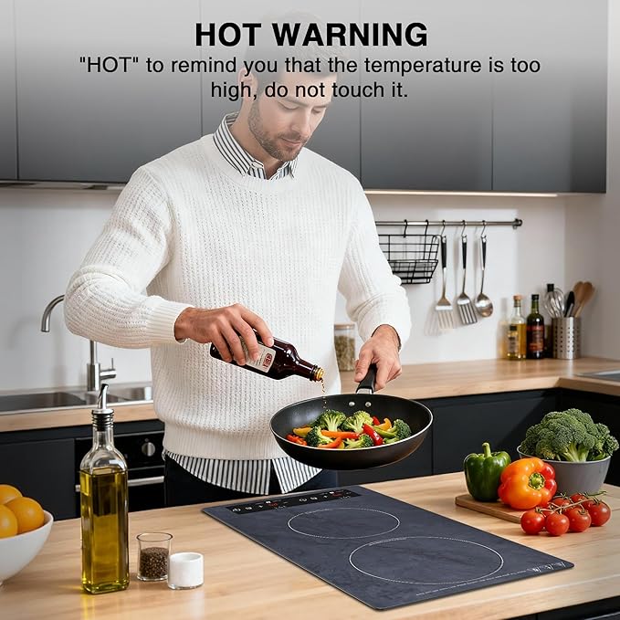 Double Induction Cooktop Portable Electric Cooktop 12 Inch, 110V Induction Burner Hot Plate with Safety Lock, Auto Shutoff Timer Setting, 9 Heating Level and Overheating Protection