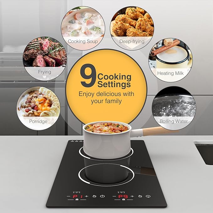 Double Induction Cooktop,110V 2 Burner Induction Cooktop,2300W Electric Stove Top with Independent Control, Ultrathin Body, 9 Temperature, Multiple Power Levels, 2 Hour Timer, Safety Lock