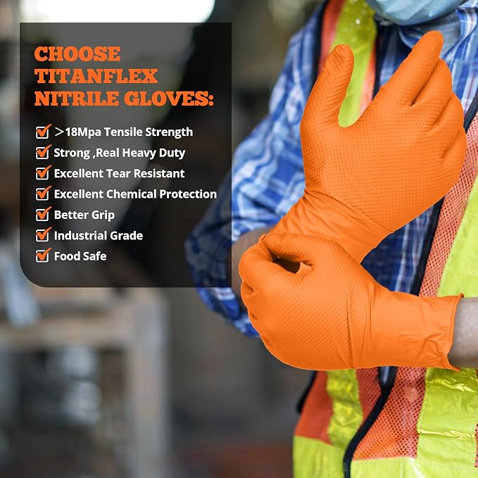TitanFlex Heavy Duty Orange Nitrile Gloves, 6 Mil, Raised Diamond Texture - Image 6