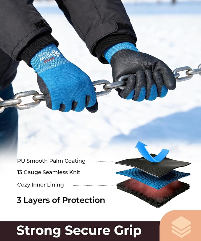 KAYGO Winter Work Gloves for Men and Women, 12 Pairs Thermal Insulated Safety Work Gloves PU Coated, Smooth Grip on Palm & Fingers,Ideal for Freezer Work,Blue,S