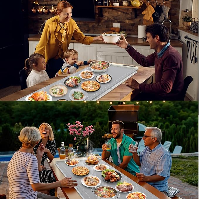 FYY Extra Long Warming Mat for Food with Heat Resistant Pad, Prevent Countertop Cracks, Keep Meal Warm, Rapid and Full Surface Heating, 6 Temp Settings, 6H Timer, Rollable Portable Food Warmer, Grey