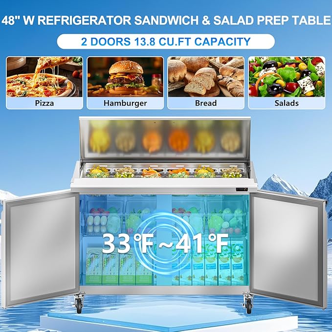 48" W Commercial Refrigerator Sandwich Salad Prep Table, 13.8 Cu.ft 2 Door Commercial Stainless Steel Mega Top Food Prep Fridge with 18 Pans, Salad Prep Station for Restaurant, Bar, Shop