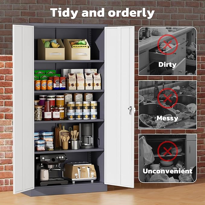 Greenvelly Metal Garage Storage Cabinet with 2 Doors and 4 Adjustable Shelves, 72”H Steel Lockable Storage Cabinet,Tall Metal Cabinet Locking File Cabinet for Office,Home, Garage, Gym, School