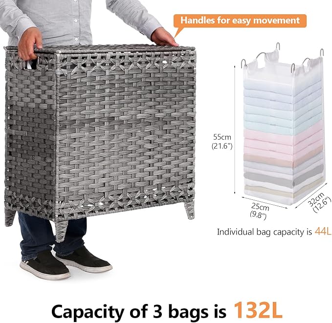 Laundry Hamper with 3 Removable Liner Bags, 132L Laundry Sorter with Lid - Image 4