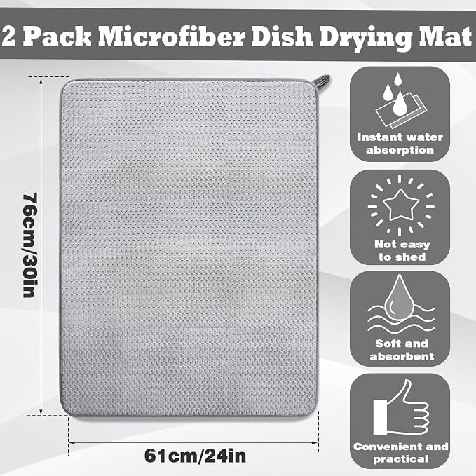 2 Pack Extra Large Microfiber Dish Drying Mat, 30 x 24 Inch, Draining Racks - Image 2