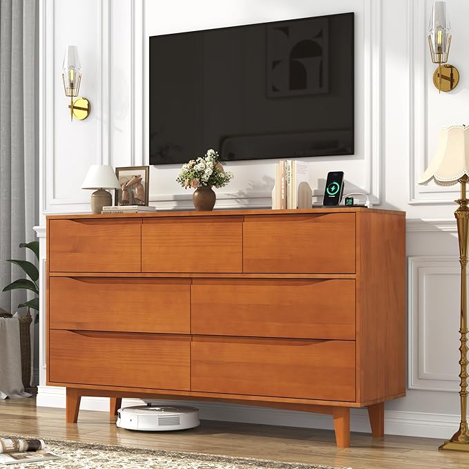 55”Solid Wood Drawers Dresser with Power Outlets, 7 Drawer Dresser for Bedroom, Mid Century Modern Vintage Large Chest of Dresser for Hallway, Entryway,Cutout Handle, Storage Essentials, Caramel