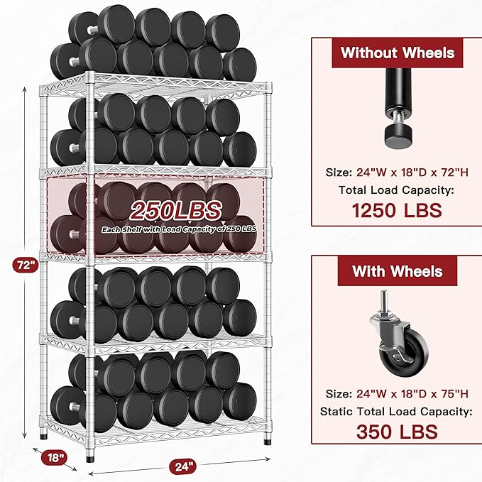 PrimeZone 4 Pack Steel Storage Wire Shelving 5 Tier Metal Shelves with Wheels,Adjustable Kitchen Utility Shelving Unit,Pantry Rack Rolling Metal Shelf Laundry,Chrome 24" Wx18 Dx75 H