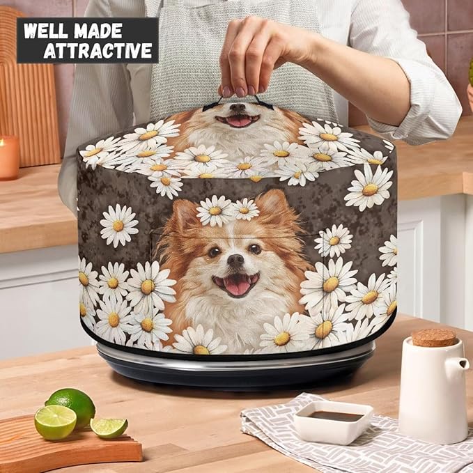 Pomeranian Dog Daisy Print Slow Cooker Cover with Storage Pocket Portable Stain Resistant Slow Cooker Cover for Kitchen Extra Accessories Fit 6/7/8 Quart Electric Oval Crock Pot