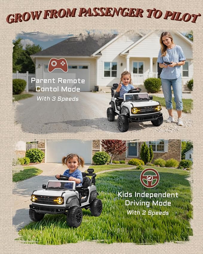 First Ride On Ford Bronco Raptor 12V Toddler Ride on Toys, Safe Kids Ride on Truck with Remote Control, Children Electric Cars with 4 Wheels Suspension, Radio, Music, Bluetooth (12V, White)
