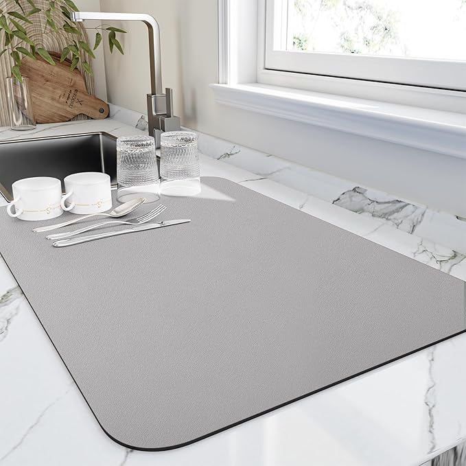 Dish Drying Mat for Kitchen Counter, Heat Resistant Drainer Mats with Non-slip Rubber Backed, Hide Stain Kitchen Super Absorbent Draining Mat, Easy to Clean Dish Rack Pad, Grey 16"x20"