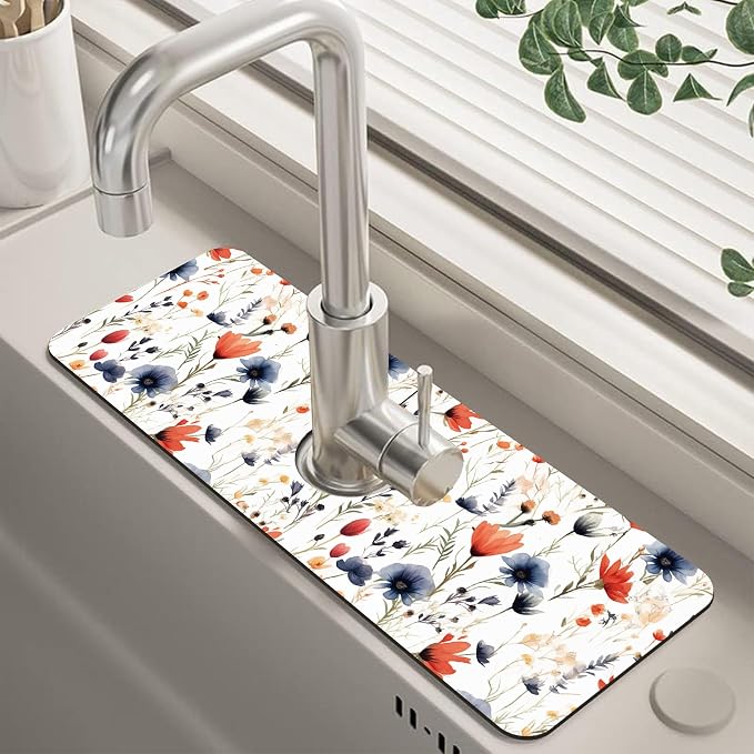 Watercolor Red and Blue Flowers Sink Faucet Absorbing Mat Sink Splash Guard by Unknown