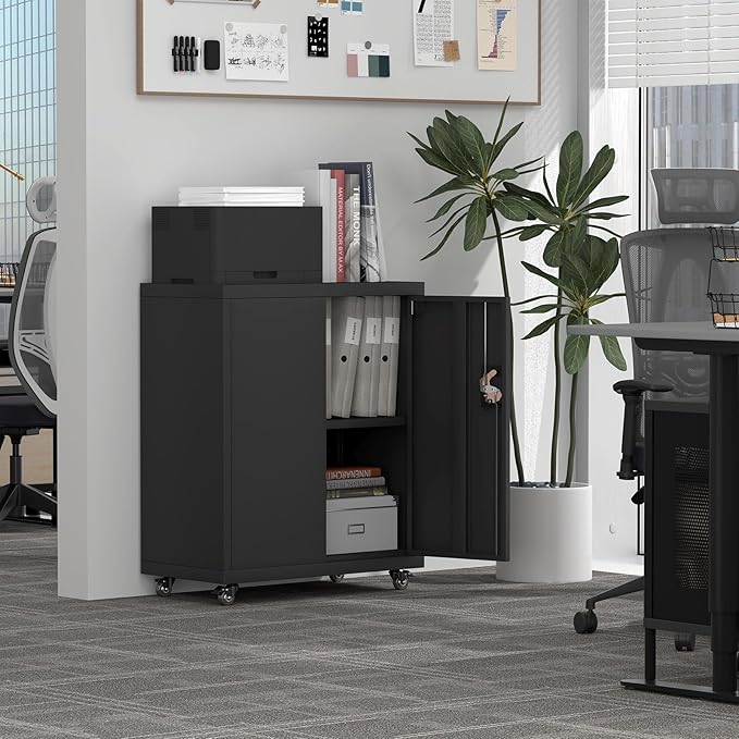 Metal Storage Cabinet,Lockable Garage Storage Cabinets with Wheels,Rolling Tool Cabinet with Doors and Shelves,Basement,Office,Black