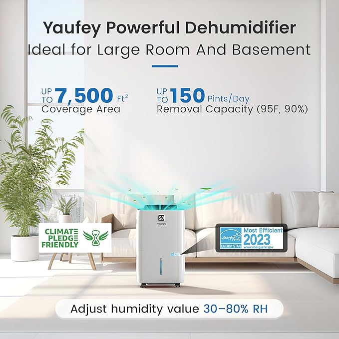 Yaufey 150 Pints Energy Star Dehumidifier with Pump for Home, Basement and Large Room up to 7500 Sq. Ft., With Drain Hose, Timer, Intelligent Humidity Control and Large Water Tank