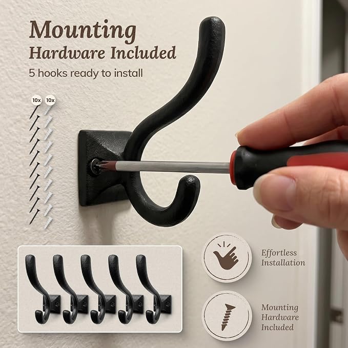 Rustic Wall Hooks for Hanging Cast Iron Black Coat Hooks Wall Mounted - Image 7