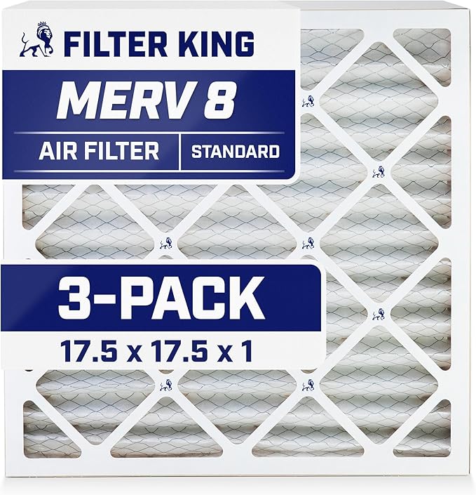 Filter King 17.5x17.5x1 Air Filter | 3-PACK | MERV 8 HVAC Pleated A/C Furnace Filters | MADE IN USA | Actual Size: 17.5 x 17.5 x .75"